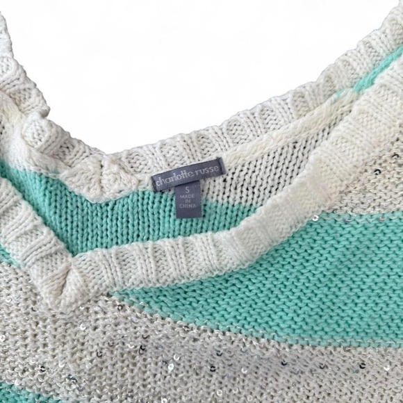 Charlotte Russe Sequin Sweater White Blue Stripe Y2K Glitter Knit - Picture 2 of 3